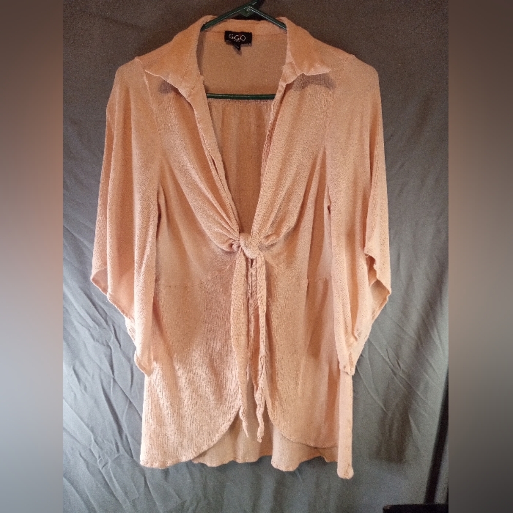 GiGio Peach Long Sleeve Sheer Tie-Front Top